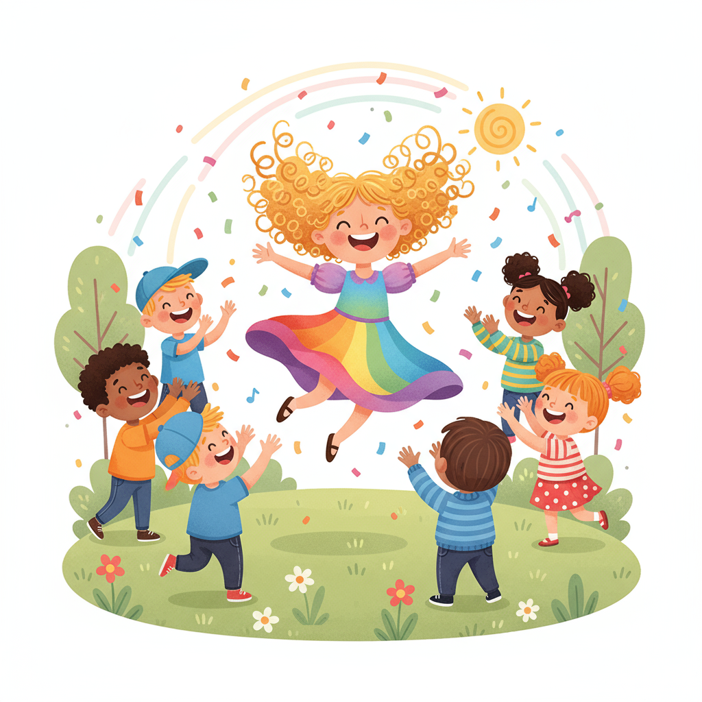 A cartoon image of a child with bouncing curly blonde hair storytelling through dance, surrounded by friends clapping and cheering her on
