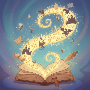 A cartoon image of a story book, magically spilling story words in gold with butterflies, fairies, dragons, scrolls, quills, and other fantasy images filling the air