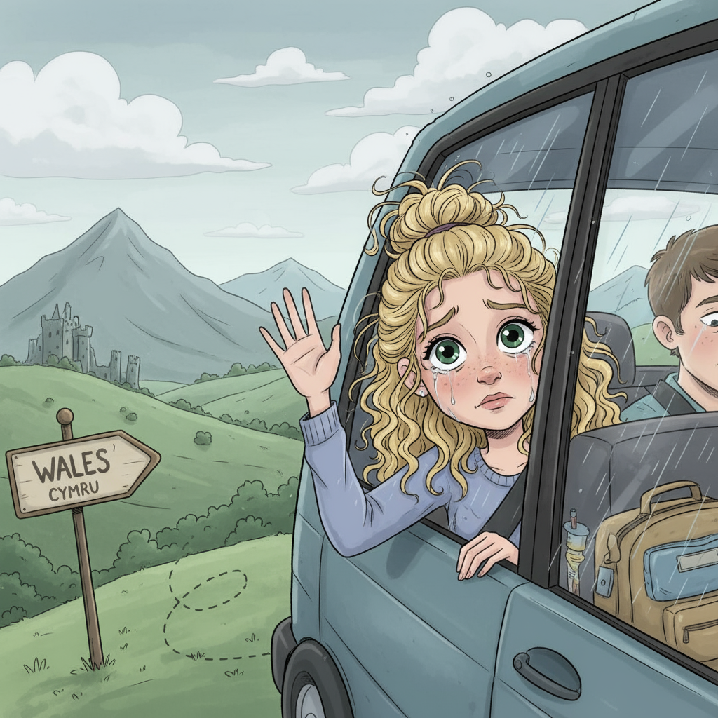 A cartoon image of a teenage girl with long blonde curly hair in a messy bun and green eyes sitting in the back of a car waving sadly goodbye to Wales.