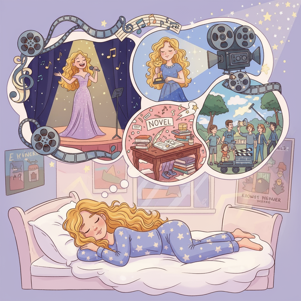 A cartoon image of a teenage girl with long flowing blonde curly hair dreaming about being an actress, a singer, a writer, and making movies.