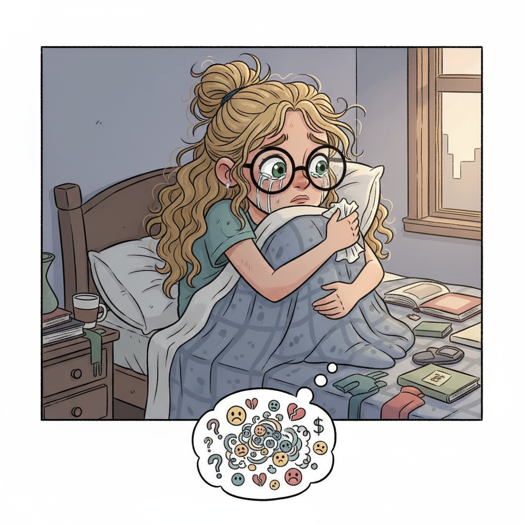 A cartoon image of a young woman in her 20s with long curly blonde hair in a messy bun, green eyes, black round glasses, crying in bed, struggling with life.