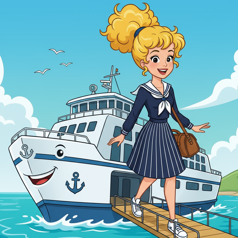 A cartoon image of a young woman with a high blonde curly ponytail embarking on a ferry boat. She is wearing a navy blue blouse and pin knee-length skirt.