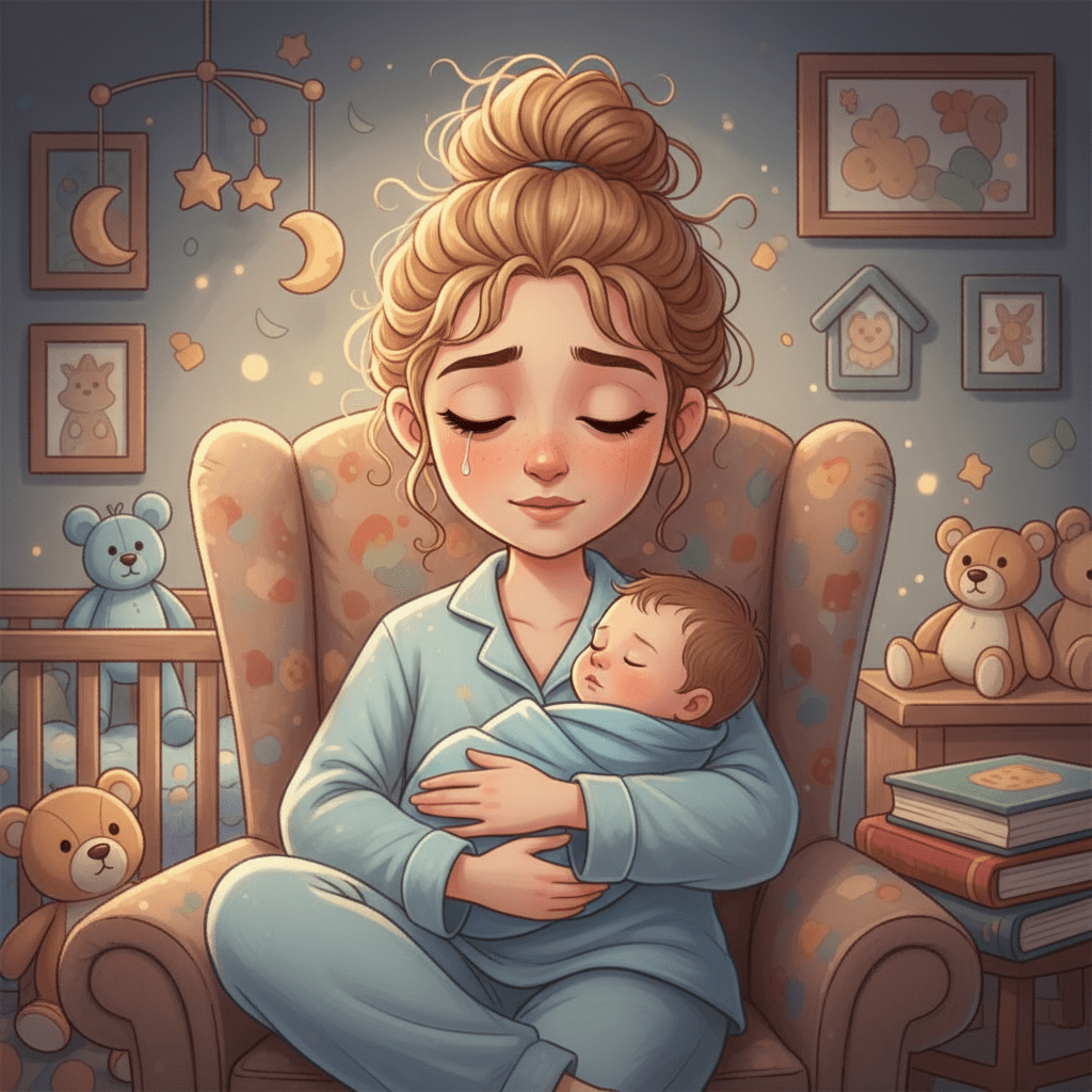 A cartoon image of a young woman with blonde curly hair in a messy bun. She is holding her newborn baby boy in her arms. She is tired, sad and happy all at once.