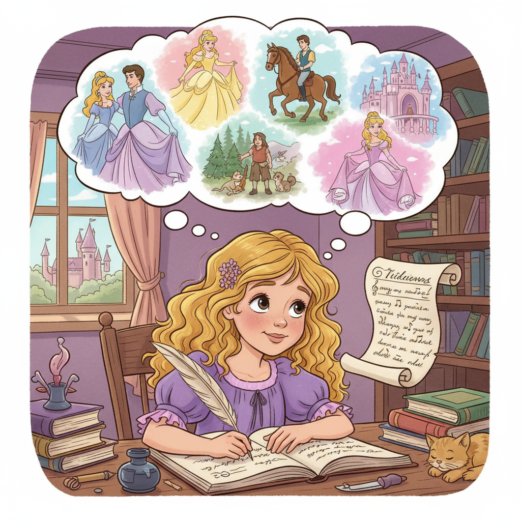 A cartoon of a little girl with bouncing blonde curly hair, writing poetry, imagining herself acting in Disney movies as a princess.