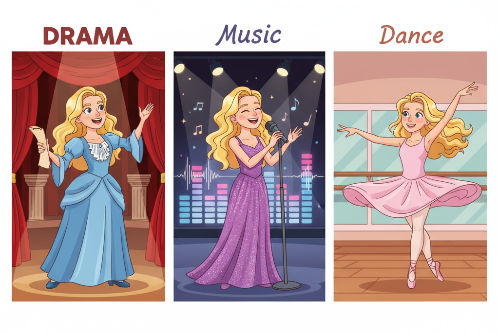 Three side by side cartoon images of a teenage girl with long flowing blonde curly hair: one performing in drama, one singing in music, and one twirling in dance.