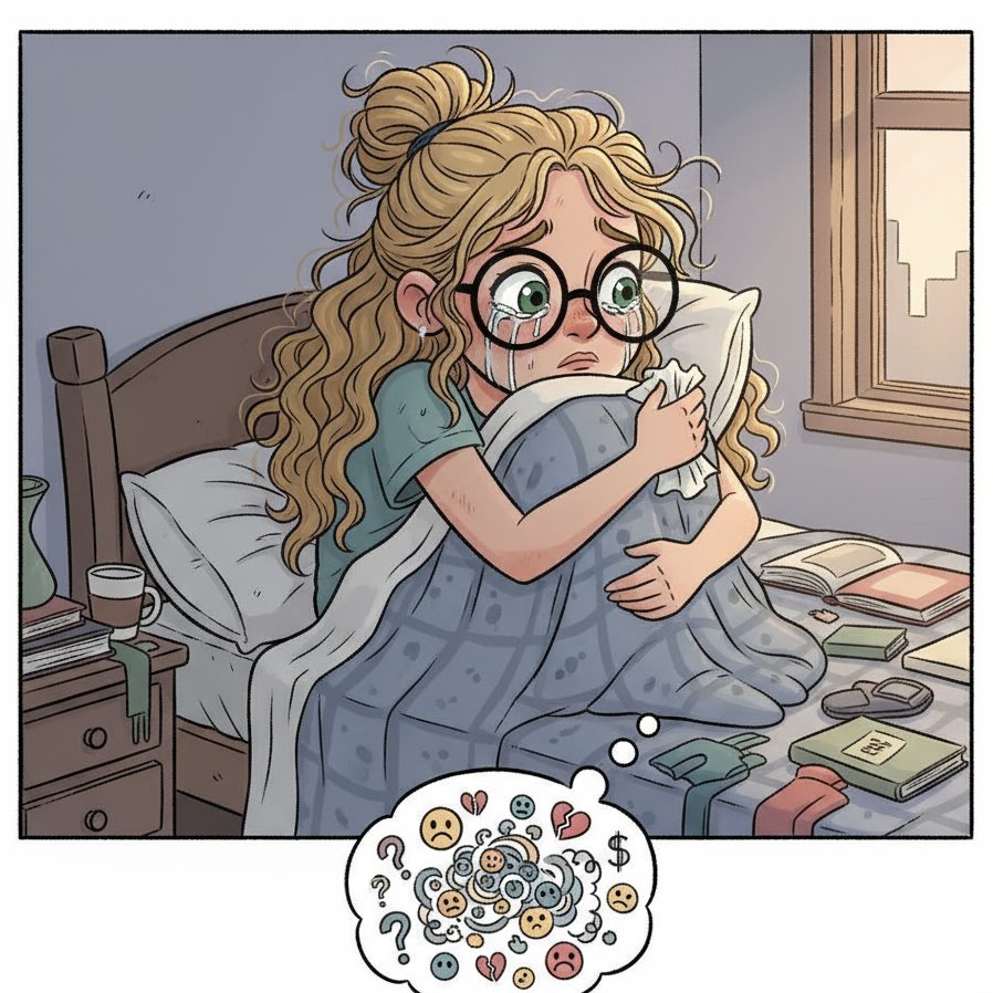 A cartoon image of a young woman in her 20s with long curly blonde hair in a messy bun, green eyes, black round glasses, crying in bed, struggling with life.